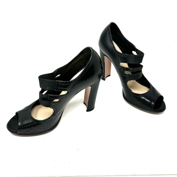 PRADA black crinkled leather, peep toe Mary Jane heels, made in Italy size 39.5 - Picture 3 of 12